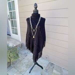 INC Black Cable Knit Turtleneck Poncho with Bottom Fringe
